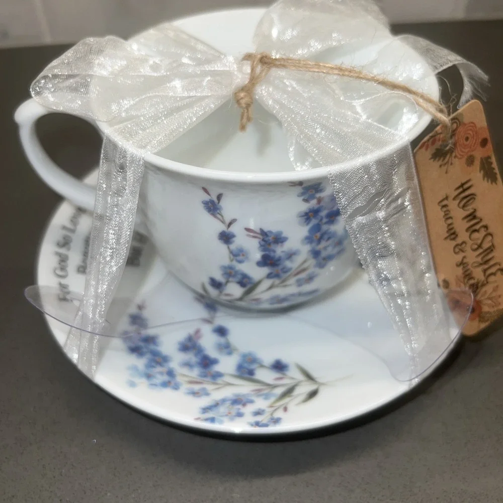 NEW KENT Pottery Lord Scripture John 3:16 Rose Coffee Tea Cup & Saucer Floral